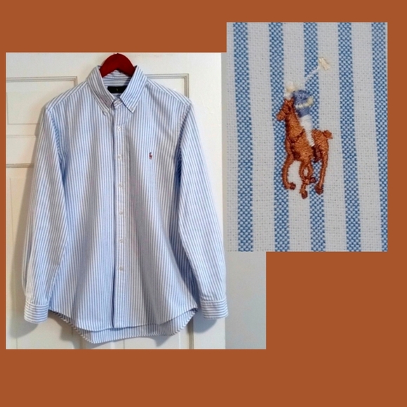 🐎Ralph Lauren🐎 - Men's Blue/White Stripe L/S Oxford Button Down - Picture 15 of 15